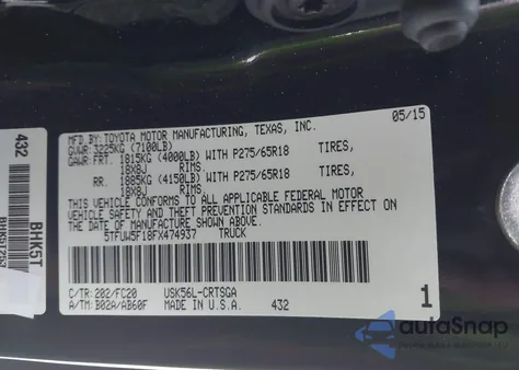 2015 Toyota Tundra Sr5 5.7L V8 z USA, uszkodzony, nr VIN 5TFUW5F18FX474937